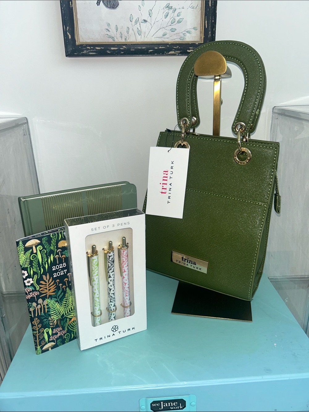 Trina Turk Olive Crossbody with Journal/Pen Set/Calendar 7.5”x 3.5”x 9” NWT
